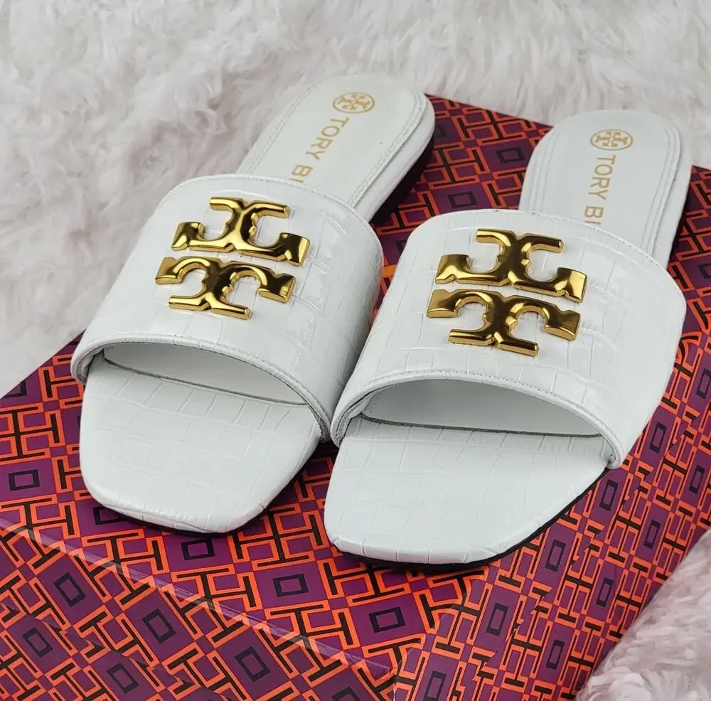 Women White Leather Croc Slipper Size 8 39 Flats Sandals Gold Decor Slides New